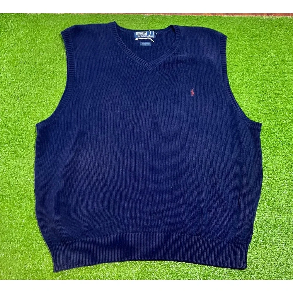 Vint Polo Ralph Lauren Knit Sweater 2XL Blue 90s‎ Preppy Maroon Pony